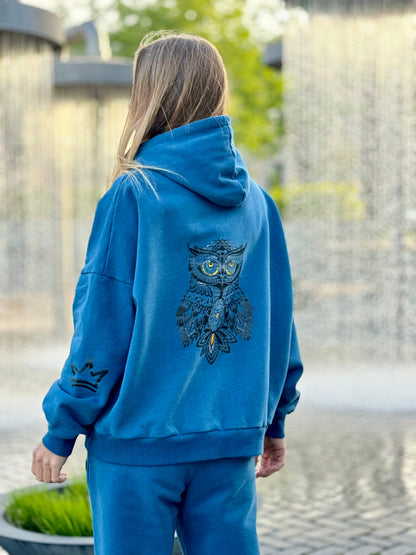 Moterims Magic Royal Blue džemperis su pūkeliu, gobtuvu ir pelėda